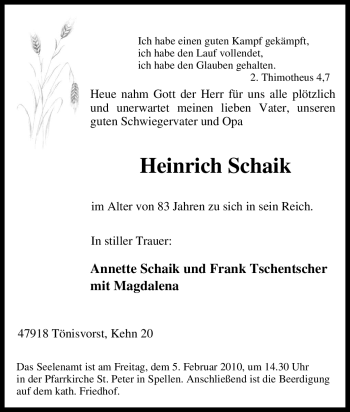 Traueranzeige von Heinrich Schaik von Tageszeitung