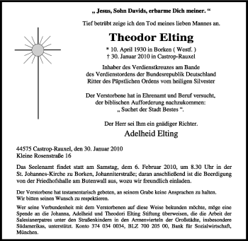 Traueranzeige von Theodor Elting von Tageszeitung