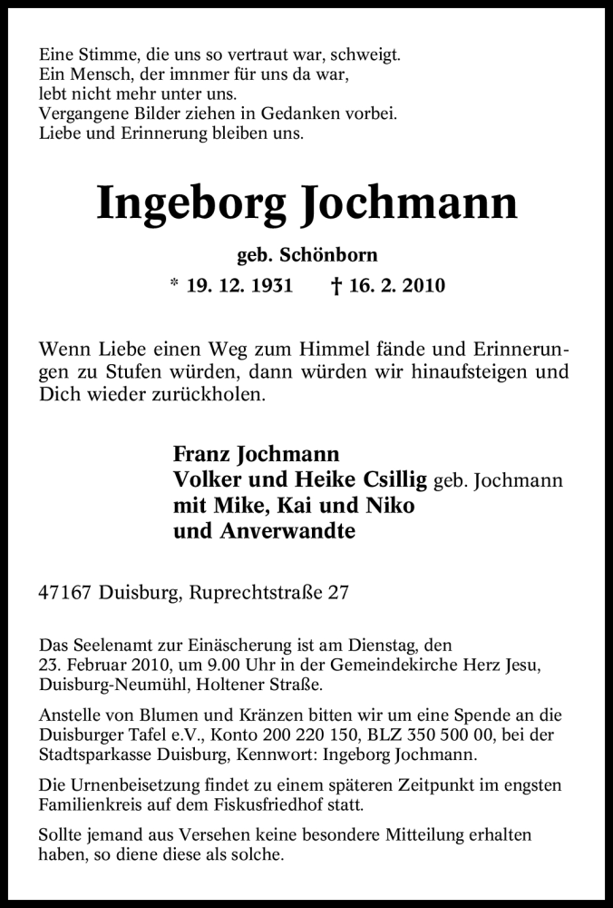  Traueranzeige für Ingeborg Jochmann vom 20.02.2010 aus Tageszeitung