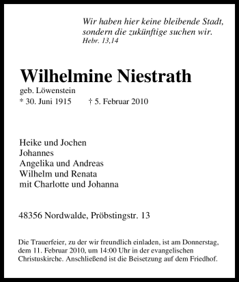 Traueranzeige von Wilhelmine Niestrath von Tageszeitung