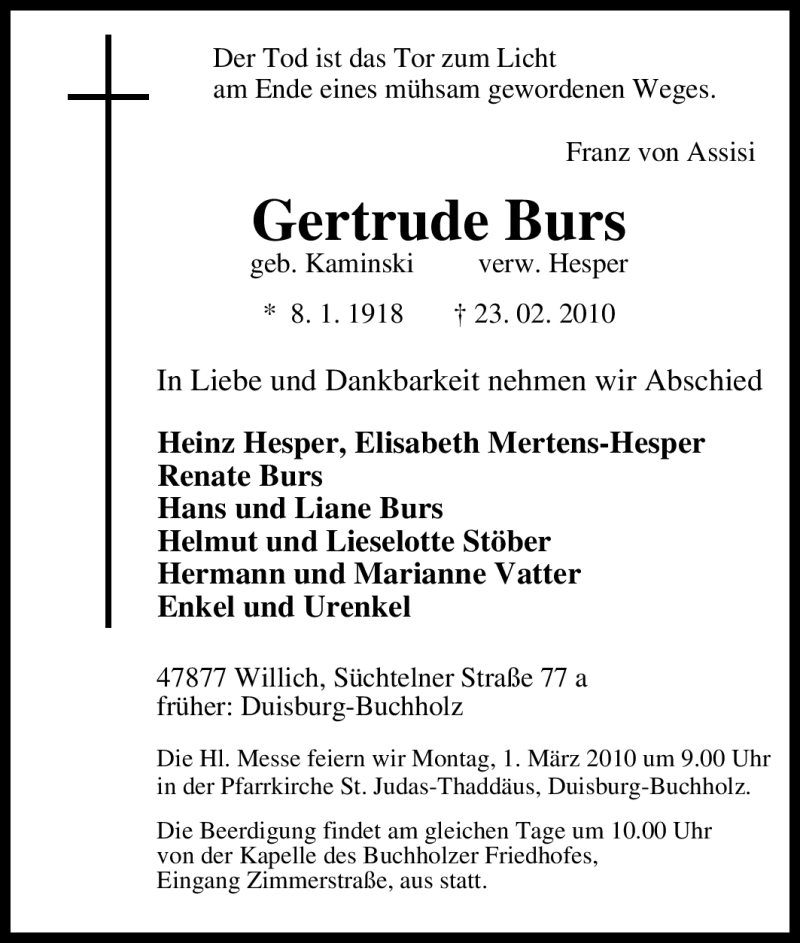  Traueranzeige für Gertrude Burs vom 26.02.2010 aus Tageszeitung