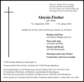 Traueranzeige von Aloysia Fischer von Tageszeitung