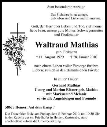 Traueranzeige von Waltraud Mathias von Tageszeitung