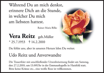 Traueranzeige von Vera Reitz von Tageszeitung