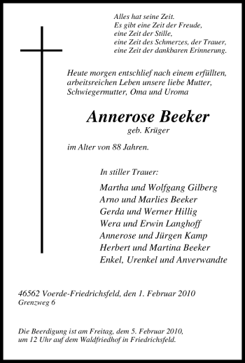 Traueranzeige von Annerose Beeker von Tageszeitung