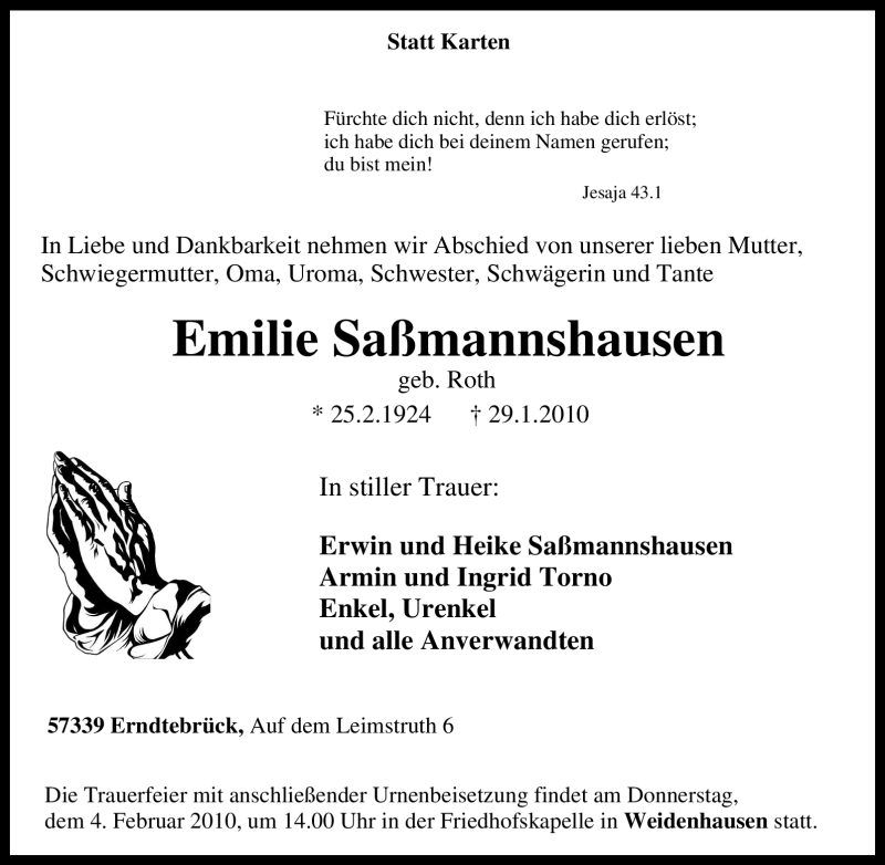  Traueranzeige für Emilie Saßmannshausen vom 01.02.2010 aus Tageszeitung