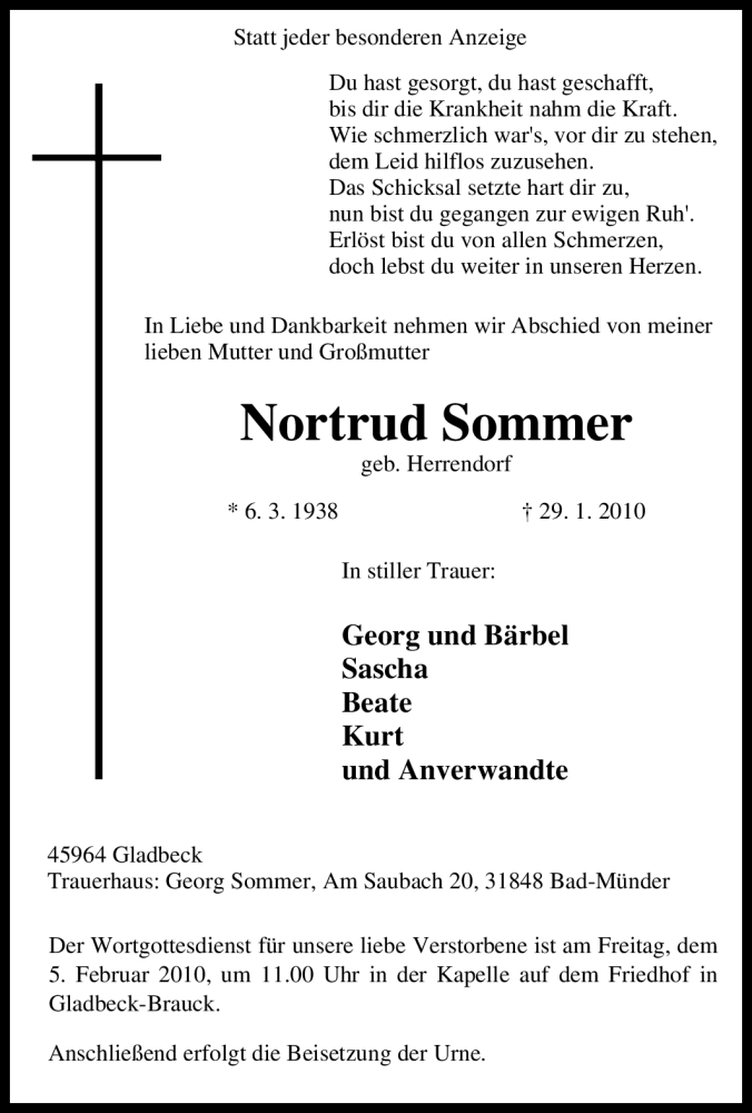 Traueranzeige für Nortrud Sommer vom 03.02.2010 aus Tageszeitung