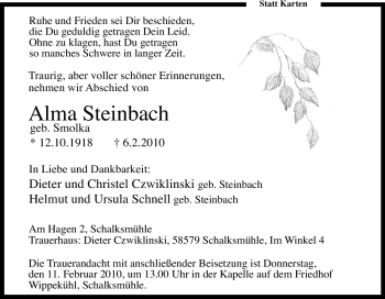 Traueranzeige von Alma Steinbach von Tageszeitung