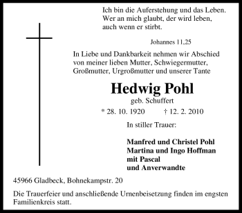 Traueranzeige von Hedwig Pohl von Tageszeitung