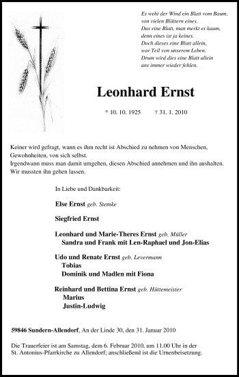 Traueranzeige von Leonhard Ernst von Tageszeitung
