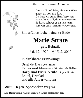 Traueranzeige von Marie Strate von Tageszeitung