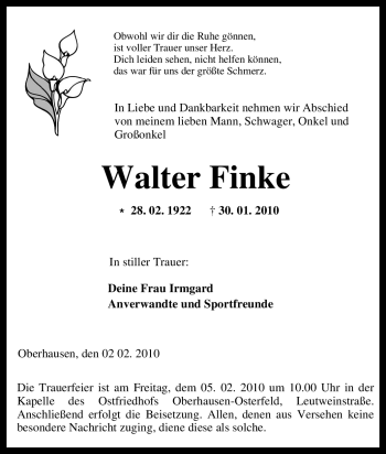 Traueranzeige von Walter Finke von Tageszeitung