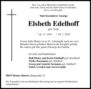 Traueranzeige von Elsbeth Edelhoff von Tageszeitung