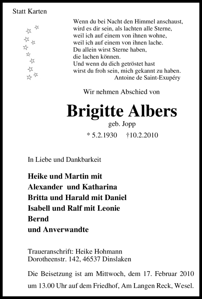 Traueranzeigen von Brigitte Albers TrauerinNRW.de