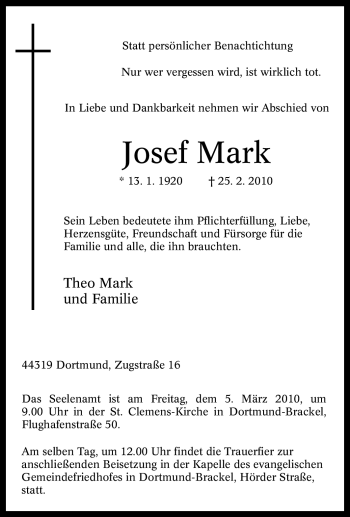 Traueranzeige von Josef Mark von Tageszeitung