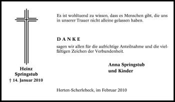 Traueranzeige von Heinz Springstub von Tageszeitung