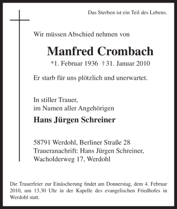 Traueranzeige von Manfred Crombach von Tageszeitung