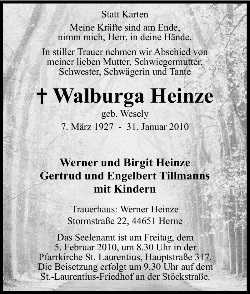  Traueranzeige für Walburga Heinze vom 02.02.2010 aus Tageszeitung