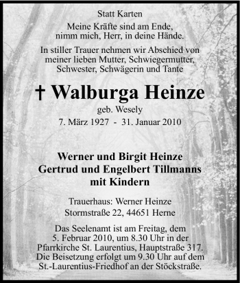 Traueranzeige von Walburga Heinze von Tageszeitung