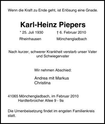 Traueranzeige von Karl-Heinz Piepers von Tageszeitung