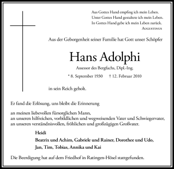 Traueranzeige von Hans Adolphi von Tageszeitung