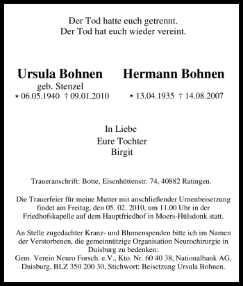 Traueranzeige von Ursula Bohnen von Tageszeitung