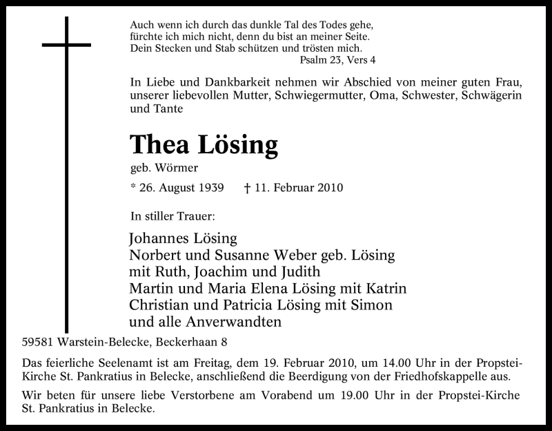  Traueranzeige für Thea Lösing vom 13.02.2010 aus Tageszeitung