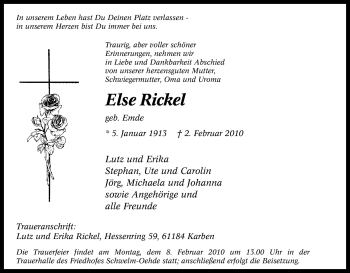 Traueranzeige von Else Rickel von Tageszeitung