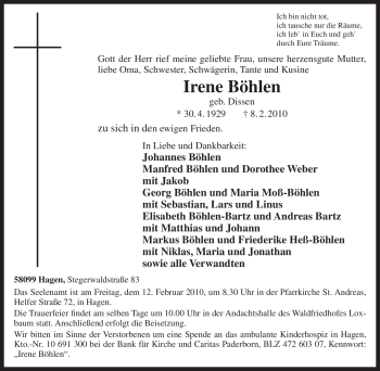 Traueranzeige von Irene Böhlen von Tageszeitung