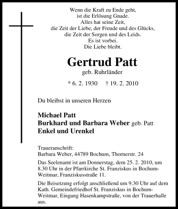 Traueranzeige von Gertrud Patt von Tageszeitung