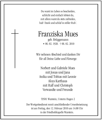 Traueranzeige von Franziska Mues von Tageszeitung