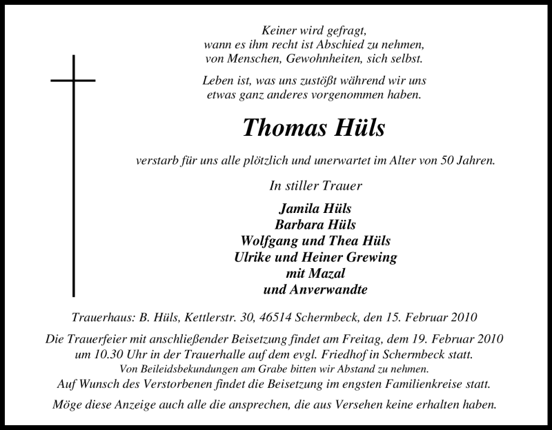  Traueranzeige für Thomas Hüls vom 17.02.2010 aus Tageszeitung