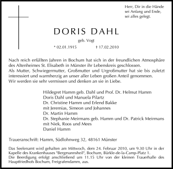 Traueranzeige von Doris Dahl von Tageszeitung