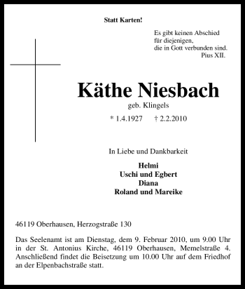 Traueranzeige von Käthe Niesbach von Tageszeitung