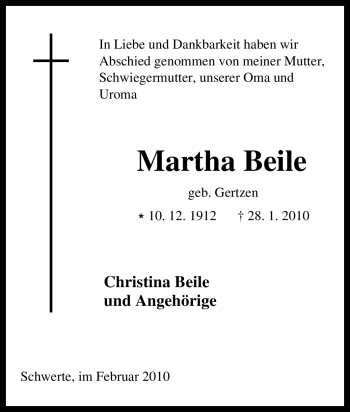 Traueranzeige von Martha Beile von Tageszeitung