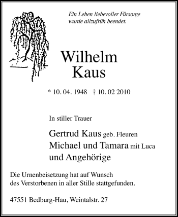 Traueranzeige von Wilhelm Kaus von Tageszeitung