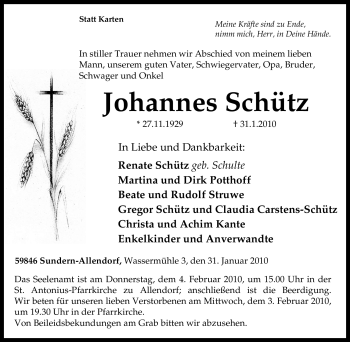 Traueranzeige von Johannes Schütz von Tageszeitung