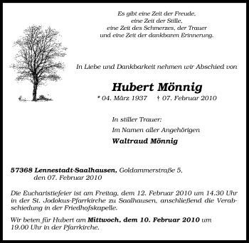 Traueranzeige von Hubert Mönnig von Tageszeitung