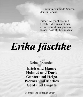 Traueranzeige von Erika Jäschke von Tageszeitung