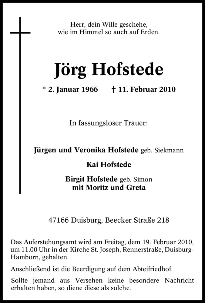  Traueranzeige für Jörg Hofstede vom 17.02.2010 aus Tageszeitung