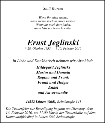 Traueranzeige von Ernst Jeglinski von Tageszeitung