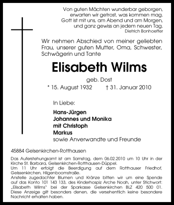 Traueranzeige von Elisabeth Wilms von Tageszeitung