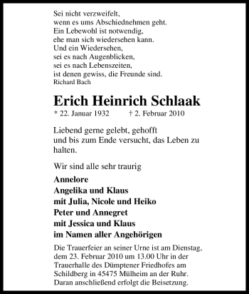 Traueranzeige von Erich Heinrich Schlaak von Tageszeitung