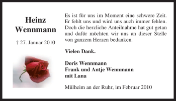 Traueranzeige von Heinz Wennmann von Tageszeitung