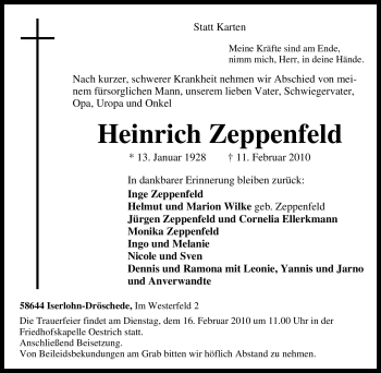 Traueranzeige von Heinrich Zeppenfeld von Tageszeitung
