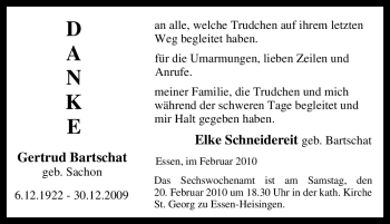 Traueranzeige von Gertrud Bartschat von Tageszeitung