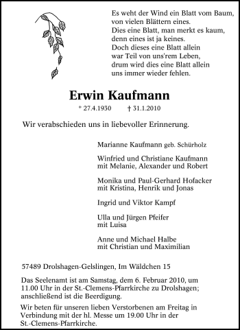 Traueranzeige von Erwin Kaufmann von Tageszeitung