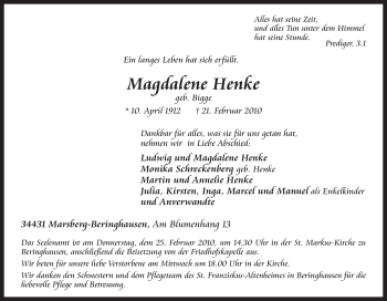 Traueranzeige von Magdalene Henke von Tageszeitung