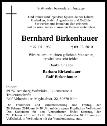 Traueranzeige von Bernhard Birkenhauer von Tageszeitung