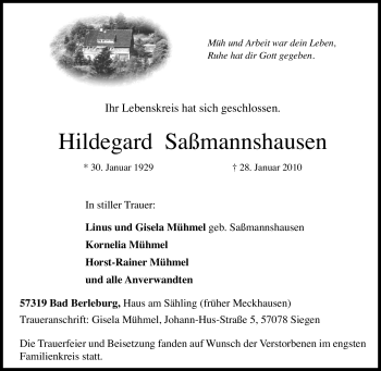 Traueranzeige von Hildegard Saßmannshausen von Tageszeitung